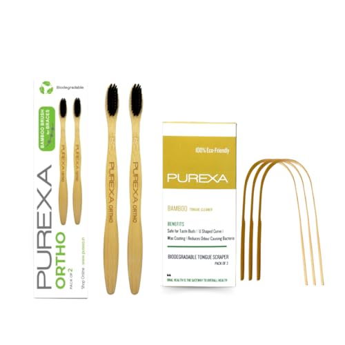 Image of Orthodontic Oral Care Combo | 2 Bamboo Orthodontic Toothbrushes for Braces with 3 Bamboo Tongue Cleaners | Activated Charcoal Soft Bristles