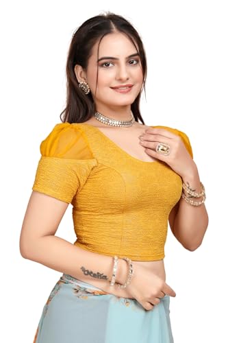 Image of SFT Women's Organza Patch Readymade Saree Blouse with Round Neck Half Sleeves Abstract Pattern Pull On Closure Regular Fit and Standard Length