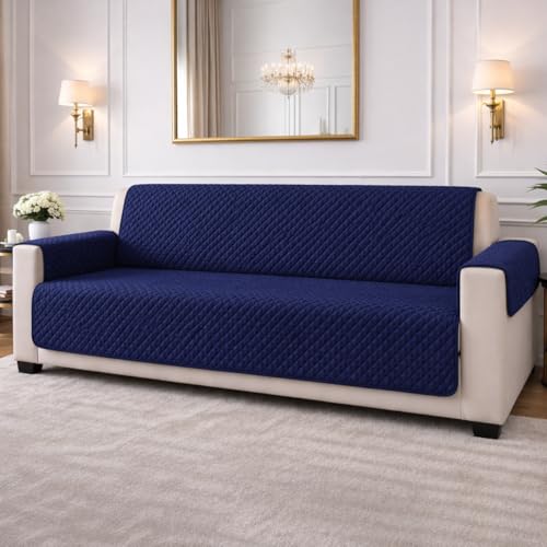 Image of STITCHNEST 'Airsoft Range Series' Solid Quilted Velvet Sofa Cover for 3 Seater | Premium Soft Velvet Sofa Protector | Blue Diamond Quilted Design with Armrest Pockets | Furniture Cover