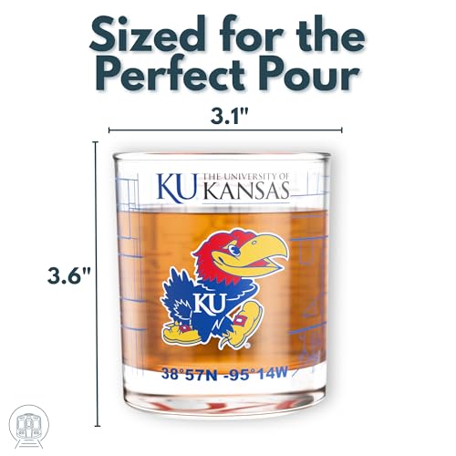 Image of Greenline Goods - University of Kansas Jayhawks College Whiskey Glasses (Set of 2), 10 oz - Full-Color Logo + Campus Map