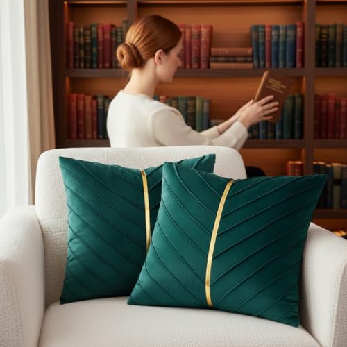 Image of Velvet Throw Pillow Covers 20x20 Pack of 2 Gold Decor Peacock Blue