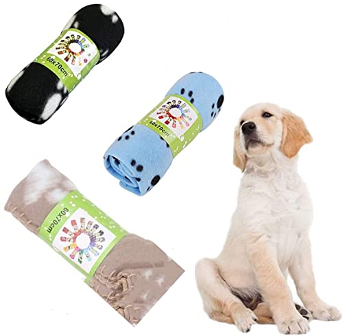ZDHOSTY Pet Blanket 28 x 24 Inches、60 x 70 cm for Small Dogs Cats Soft Puppy Blankets Washable Pet Fleece Blankets with Paw Print ((3, Black+ Blue+ Beige, King (U.K. Standard))