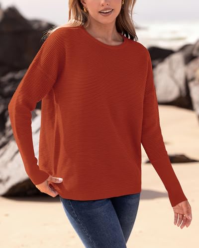 BTFBM Casual Women 2025 Fall Sweater Long Sleeve Ribbed Knit Pullover Loose Crewneck Batwing Split Sweater(Orange Red,Large) — view 5