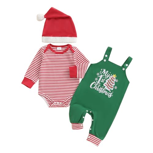 DNOMAID YZARC My 1st Christmas Baby Boy Outfit Stripe Long Sleeve Romper Embroidery Overalls Pants Santa Hat Clothes Set (Green 3-6 Months)