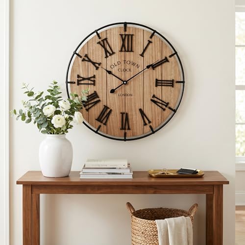 Image of EMAX HOME 24 Inch Large Farmhouse Wall Clock, Natural Wood Grain Face with Black Metal Frame, Silent Non-Ticking Quartz Movement, Vintage Wall Decor for Living Room, Bedroom, Dining Room