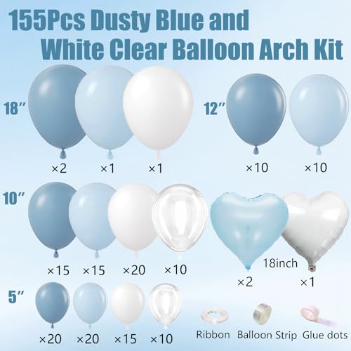 Image of Dusty Blue Balloon Arch Kit 155Pcs Light Blue and White Clear Balloons Different Size for Wedding Birthday Baby Shower Gender Reveal Bridal Party Decorations