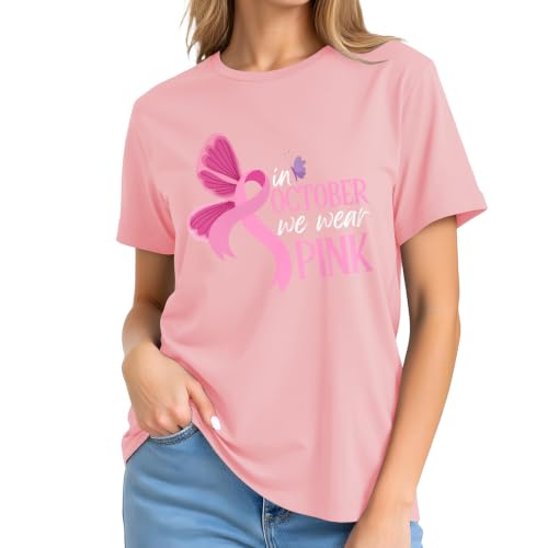 Image of Breast Cancer Awareness Ribbon Shirt Women-in October We Wear Pink Tees | Meaningful October Breast Awareness Cancer Shirt Pink Butterfly Short Sleeves Perfect for Survivors and Family Supporters