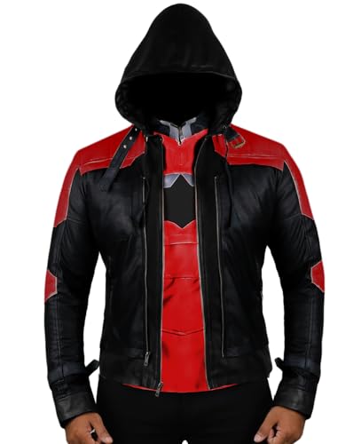 Lasumisura Replica Style Red Hood Mens Faux Leather Jacket + Vest (Black-Red-Black Medium polyester Lining)