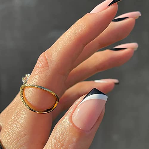 24 Pcs Press on Nails Short, Luvehandicraft Glossy Fake Nails Coffin, False Nails with Glue for Women and Girls (Black Mixed White)