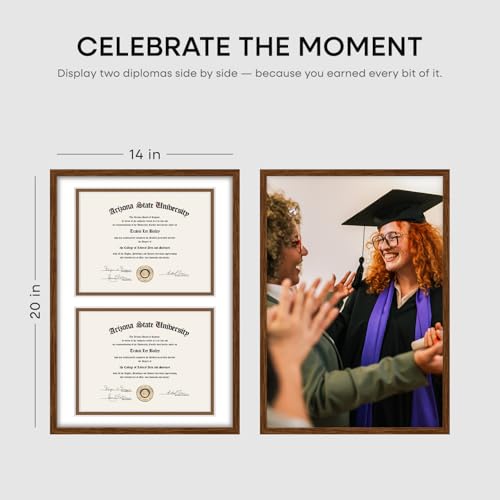 Image of Homeforia 14x20 Double Diploma Frame Brown, High End Dark Oak 14 x 20 Wood Certificate Frames with Mat for Two 8.5x11 Diplomas, 14by20 Dual Walnut Graduation Frames, Tempered Glass, Wall Kit, Set of 2