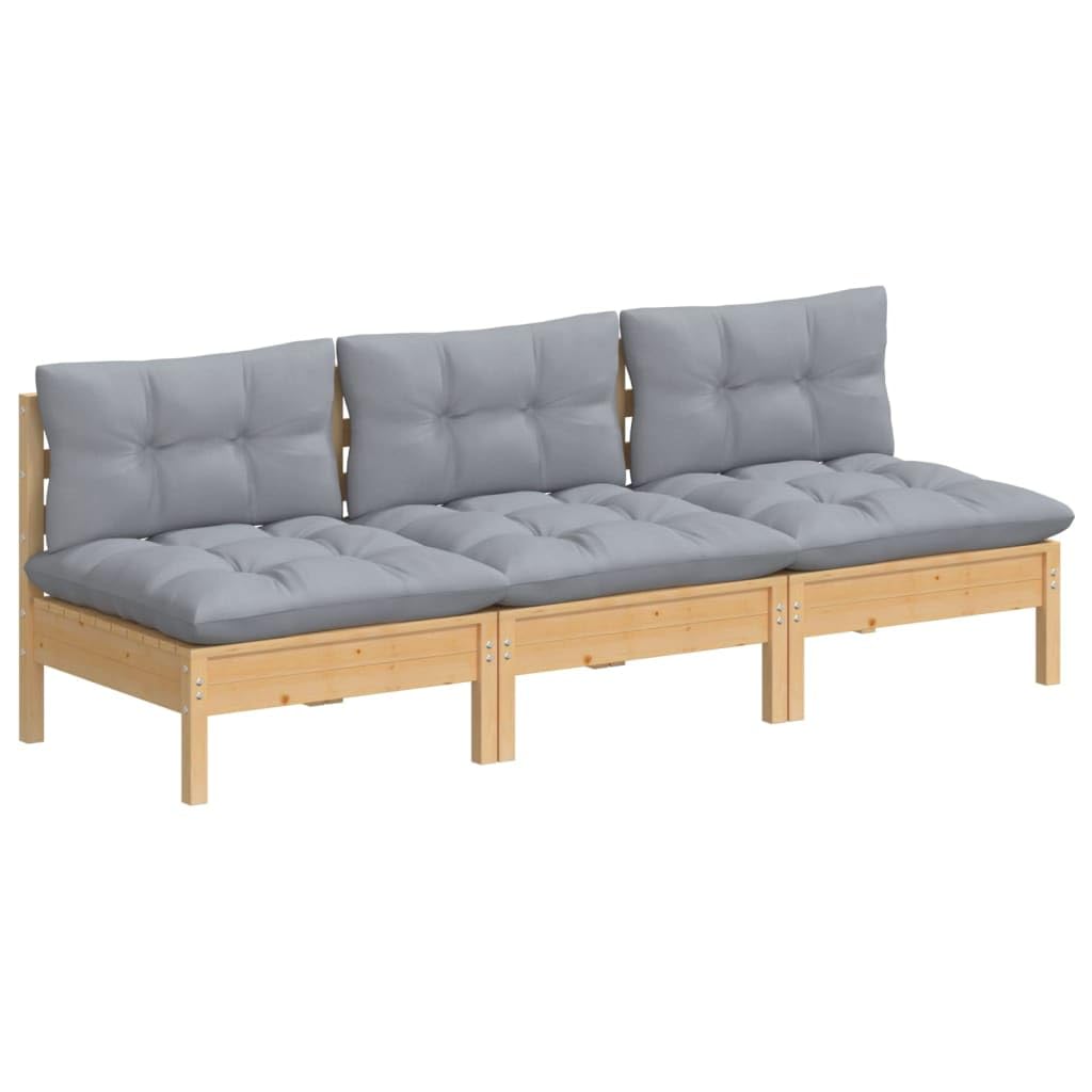 vidaXL Sofá de Jardín de 3 Plazas con Cojines Patio Terraza Exterior Hogar Silla Asiento Muebles Mobiliario Suave Robusto Gris Madera Maciza Pino