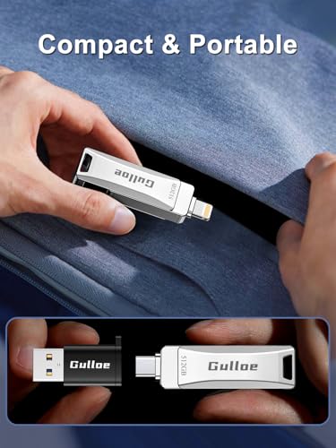 Gulloe 512GB Flash Drive Intended for iPhone, Plug and Play, No Application Required, Memory Stick Storage for Photos and Videos Backup, Compatible with iPhone iPad Android PC (Metal Silver)