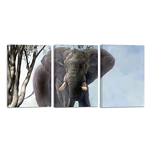 Tableau Toile Éléphant 3 Pièces Cadre Salon Animaux Nature Art Mural