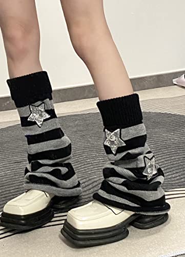 Women Girls Leg Warmers Y2k Star Skull Harajuku Gyaru Japanese Goth Leg Warmers Knit Striped Long Leg Cover3