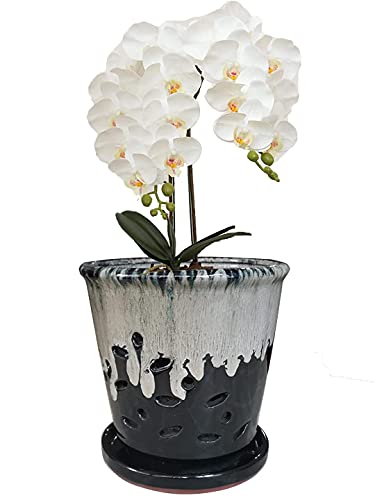 Fowargif Ceramic Round Orchid Pots with Holes, 6 Inch, Black,
