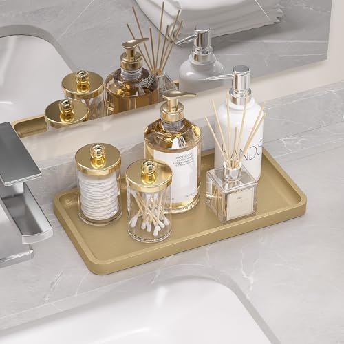 Image of Weenson Gold Bathroom Vanity Tray for Countertop Perfume Makeup Jewelry Decor Candle, Bamboo Kitchen Tray for Soap Dispenser Spice Coffee, Toilet Tank Tray 11.81 inchL x 6.1 inchW x 0.79 inchH