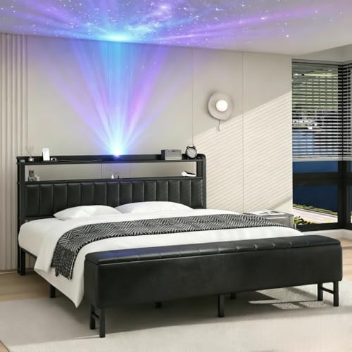 E-Motie Bett 180x200，Polsterbett mit Sternenprojektor, Ladestation und Aufbewahrungsbank， Doppelbettgestell 180 x 200 cm mit Gepolstertes Kopfteil und Lattenrost, Geräuschlos, Modern, Schwarz