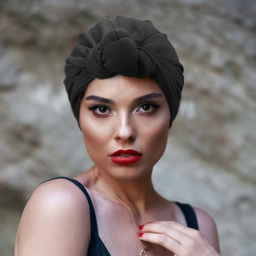 Image of DRESHOW 5 Pack Knotted Headwraps for Women African Turban Pre-Knotted Beanie Headwraps Hair Covers