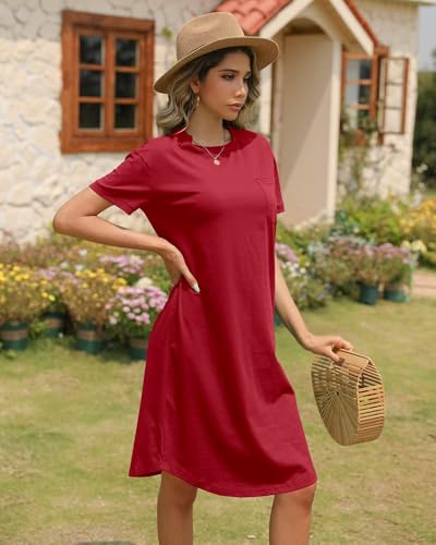 Image of Dyexces Summer Dress for Women Crew Neck Short Sleeve Solid Basic T-Shirts Casual Midi Dresses with Pocket