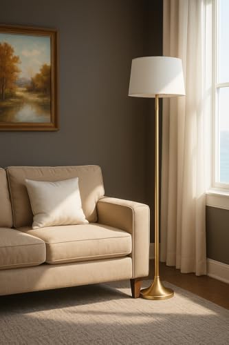 Image of Modern Metal Floor Lamp with Fabric Shade | Antique Brass Finish Standing Lamp | E27 LED Bulb Compatible | 52 Inch Tall Decorative Floor Light for Living Room, Bedroom & Office