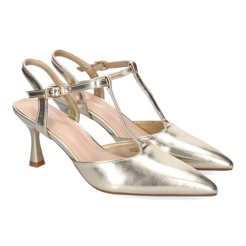 92305 Zapatos de Tacon Fino para Mujer, Elegantes, Punta Fina, Diseno Moderno con Tira en el Empeine y Cierre de Hebilla, Ideales para Primavera-Verano. Oro Talla 39