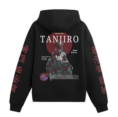 Image of Anime Inspired Design Unisex Pullover Hoodie, Black, Graphic Print Front and Back