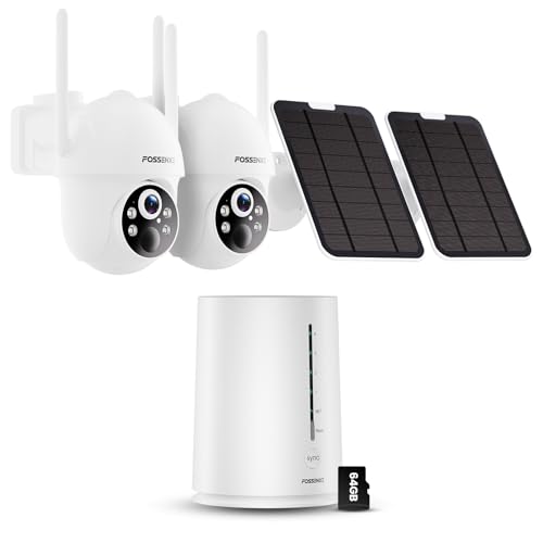 FOSSENXE 2K Camara Vigilancia WiFi Exterior Solar, Kit de 2 con Base, Sin Costo Mensual, 360°, 64 GB de Almacenamiento Local, 4MP Cámara Solar Exterior Sin Cable con PIR Detección, Visión Nocturna