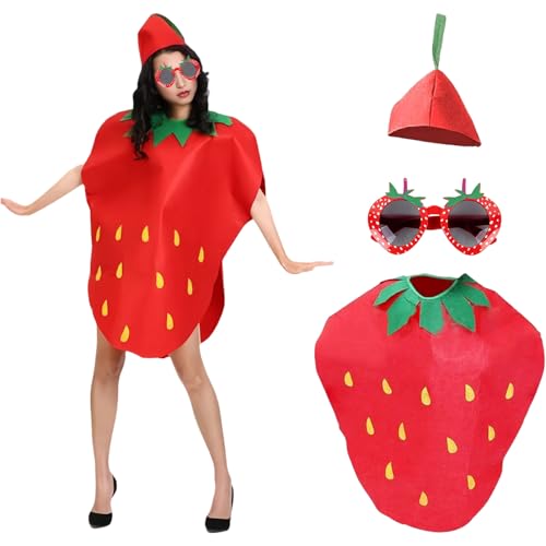 AYNKH 3 Pcs Strawberry Costume Ensemble pour Adultes, Chapeau, Robe et lunettes, Costume de Cosplay de Fruits Drôles avec Tête, Parfait pour Robe Fantaisie, Halloween, Fêtes à Thème