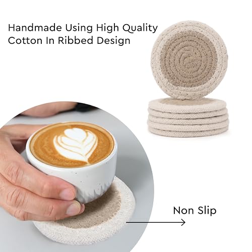 Image of Encasa XO Drink Coasters Set of 6 | Beige & Off White with Round (9 cm) | Handcrafted Ribbed Cotton | Absorbent & Heat-Resistant | Use for Tea, Coffee Table & Desk