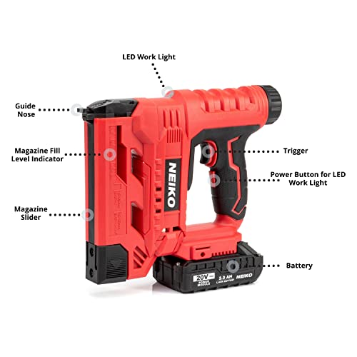 Neiko 02651A Nail Gun Battery Powered Cordless Brad Nailer & Stapler, 18 Gauge, 2 In 1 Rechargeable Staple Gun & Battery Powered Nail, Cordless Nail Gun, 20V 2.0Ah, Electric Cordless Finish Nailer #TOP1