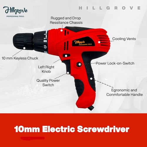 Image of Hillgrove HGCM1183M2 400W Self Screwdriver Electrical Small Power Drill Machine for Home Use 750-RPM with 9Pcs All Type Drill Bits, Adjustable Reverse Rotation and Variable Speed Pistol Grip