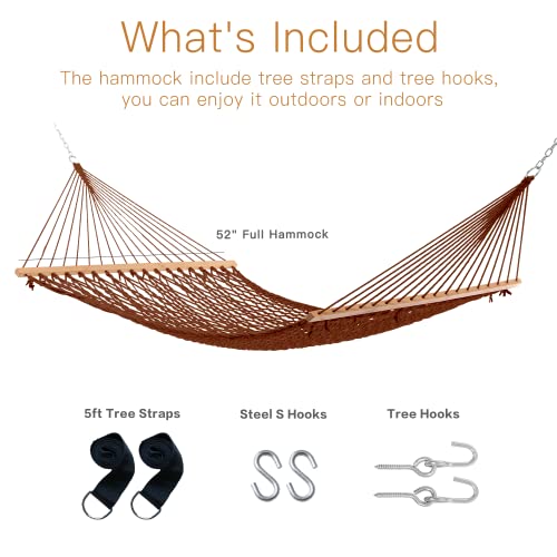 Gafete 52" Width Double Hammocks Traditional Hand Woven Cotton Rope With Tree Straps & Hooks Double Solid Wood Spreader Bar For 2 Person Outside Outdoor Indoor, Max 450Lbs (Coffee) #TOP5