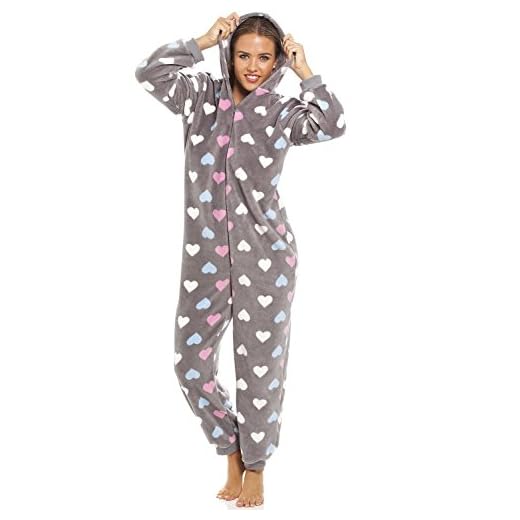 Camille - Combinaison de Pyjama très Douce - Femme - Motif cœurs Multicolores - Gris 42/44
