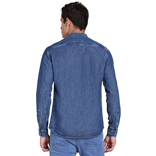 Image of Dennis Lingo Men's Solid Denim Cotton Slim Fit Full Sleeve Mandarin Collar Casual Shirt