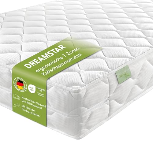 DREAMSTAR Ergo Flex Duo 90x200cm I ergonomische 7-Zonen Kaltschaummatratze I Öko-TEX® | H2 & H3 | Hypoallergen & Antibakteriell | 16 cm hoch 90 x...