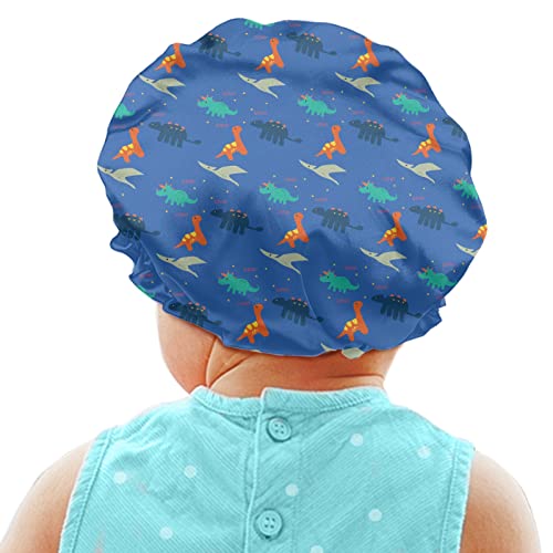 Image of Cute Dinosaur Blue Print Kids Satin Sleep Cap, Boys Girls Slouchy Sleeping Hat Beanie Slap Hat for Toddler Children Baby Adjustable Elastic Band Hair Cover Curly Hair Cap