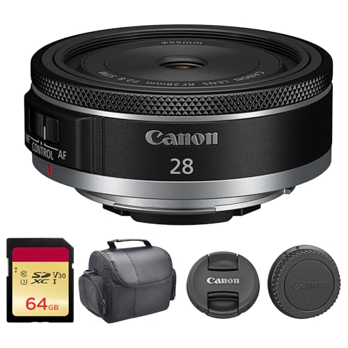 Canon RF 28mm f/2.8 STM Lens | Compact Wide-Angle Prime with Fast f/2.8 Aperture, Smooth STM Autofocus & Lightweight Design | Ideal for Travel, Street & Everyday Photos (6128C002) + 64GB Card + Bag