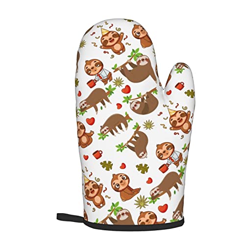 Sloth With Love Animal Oven Mitts Pot Holders Set,2-Piece Set, Heat Resistant Waterproof Gloves For Kitchen Cooking, Baking, Bbq #TOP6