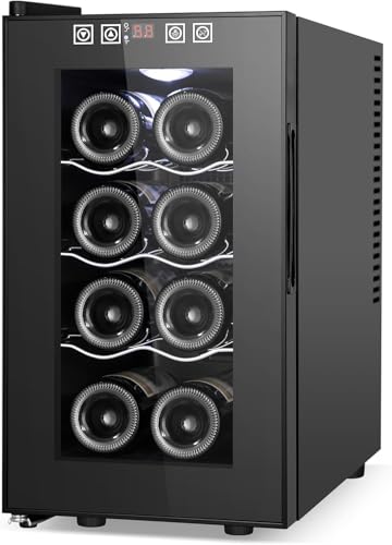 Image of 8 Bottle Small Wine Fridge - 10 Inch Wide Thermoelectric Wine Cooler with Double LOW-E Glass Door, 35dB Quiet, Auto Defrost, Blue LED, Removable Shelves - for Home Office Dorm RV