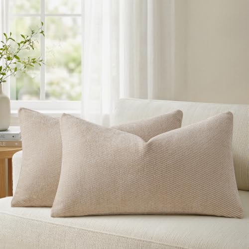 Image of a moment Pack of 2 Decorative Chenille Throw Pillow Covers with Twill Cushion Covers for Sofa Living Room Couch Bed 12x20 Inch Beige