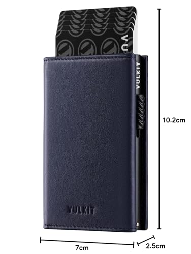 Image of VULKIT Card Holder Wallet with Coin Pocket Magnetic Closure Pop Up Cards With ID Window Leather Wallet for Cash & Credit Cards, Top Grain Cowhide - Navy, One Size, Minimalist