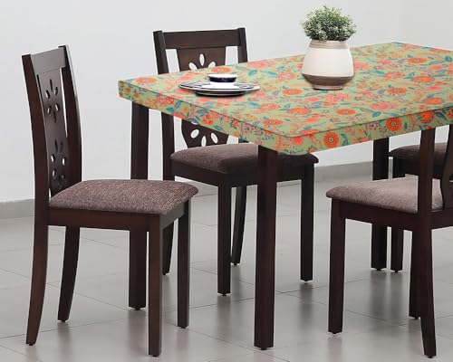 Image of The Furnishing Tree Elastic Cotton Square Dining Table Cover 48x48 in Inches Floral Multicolor on Green Base