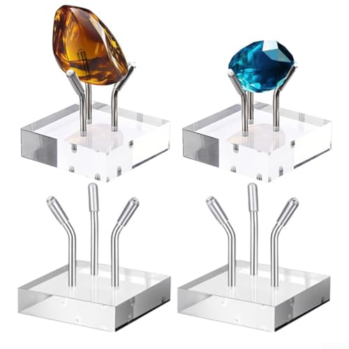 Paquete de 4 soportes de exhibición de acrílico transparente con diseño de 3 clavijas, pequeños soportes coleccionables para joyas, piedras preciosas, minerales, huevos y manualidades, elevadores