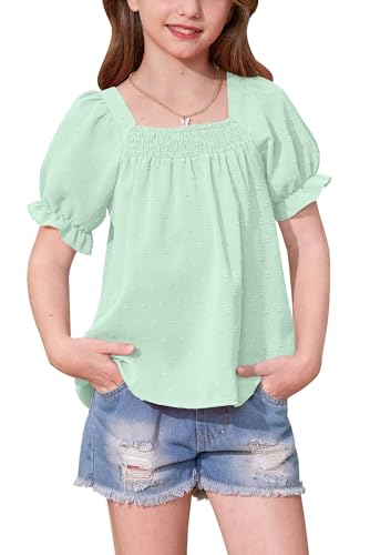 Image of BesserBay Girls Summer Puff Short Sleeve Square Neck Tee Shirts Ruffle Smocked Blouses Cute Swiss Dot Tops 5-14 Years