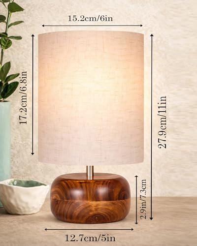 Image of Homesake Handcrafted Wooden Base Table Lamp with Warm Shade, Aara, Bedside Night Light for Bedroom, Living Room, Study Table, Home Decor, Ambient Lighting, (KD Khadi Shade)