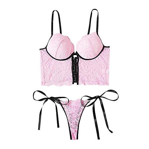 Ensemble lingerie sexy en dentelle rose avec soutien-gorge respirant et G-string