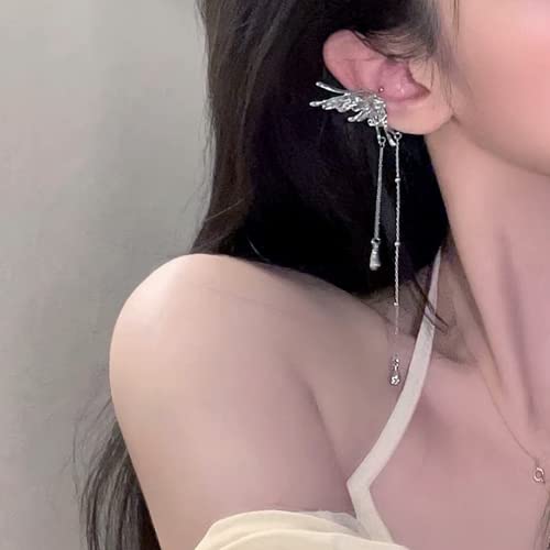 Jeanbeau Fairy Butterfly Wing Cartilage Silver Ear Crawler Cuff Non Piercing Earrings For Women Girls - Long Angel Chain Tassel Crystal Cubic Zirconia Ball Beaded Tear Drop Dangle Fashion Jewelry Prom Wedding Gifts #TOP1