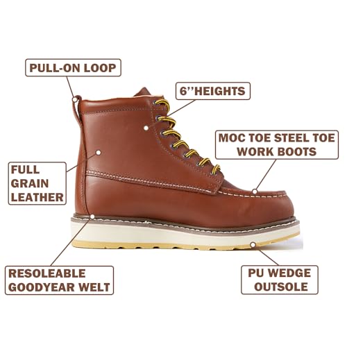 Men's SureTrack 6" Leather Steel Toe Work Boot foe Men, Goodyear Welt, Oil/Slip Resistant, Wedge Sole, Moc Toe Men's Work Boots, EH3