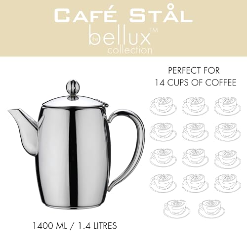 Café Stal Bellux Premium Coffee Pot 14 Cups / 1400ml / 1.4 litres / 48oz - Mirror Polished Finish 18/10 Stainless Steel Coffee Jug - Heat Resistant Handle, Perfect Pour Spout & Hinged Lid