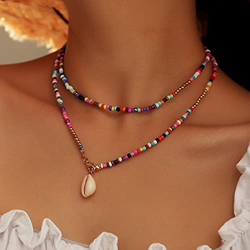 Boho Rainbow Beaded Necklace Layered Neck Chain Multi Color Bead Choker Necklaces Shell Star Butterfly Collar Jewelry Colorful Flower Chain Beach Travel Hawaiian Costume Jewelry-Shell4